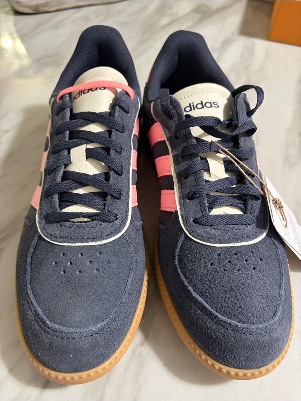 adidas Women’s Navy Suede Sneakers with Pink Stripes and Gum Sole